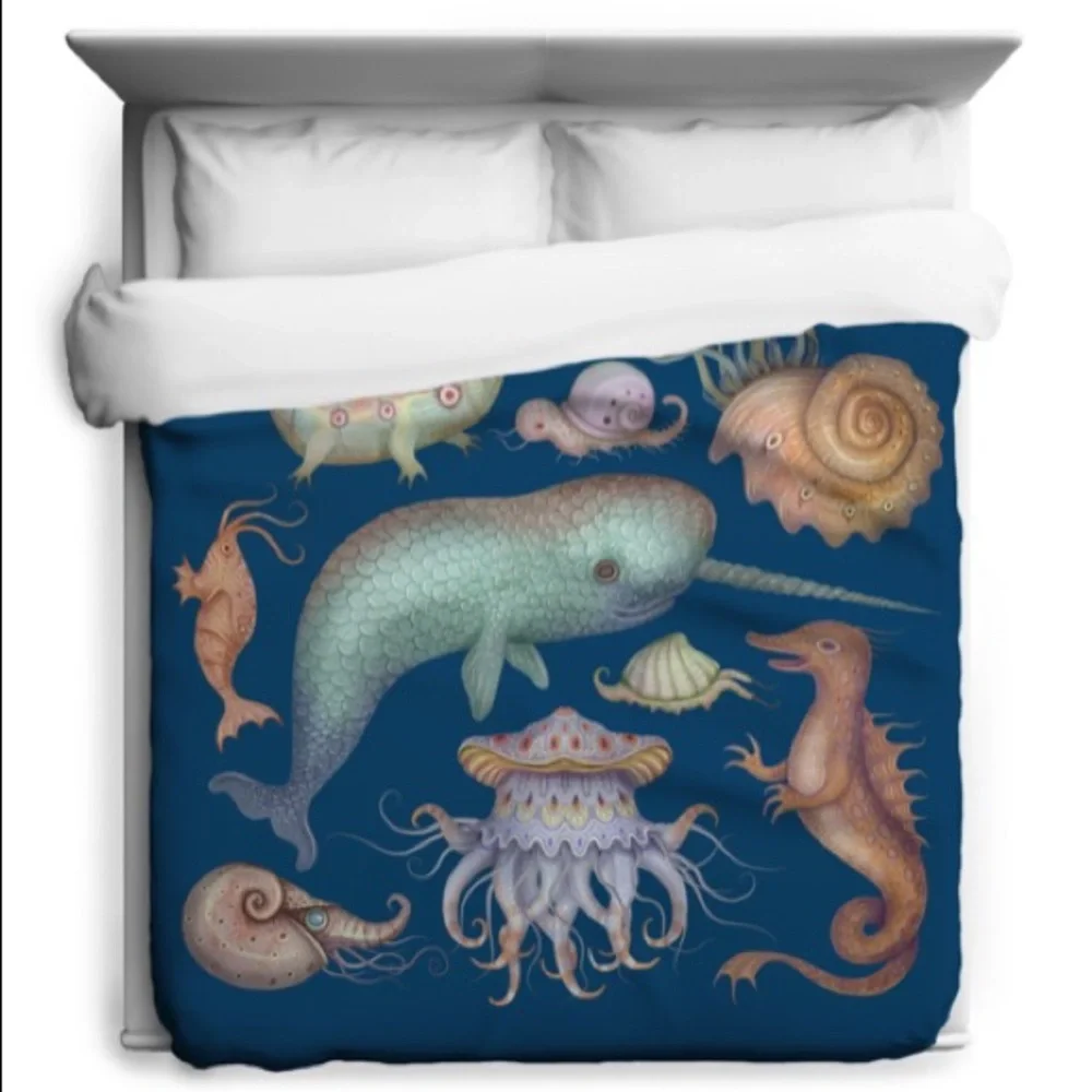 Sharp Shirter Duvet Cover Queen Sea Creatures Polyester Ocean Life 88” x 88” New